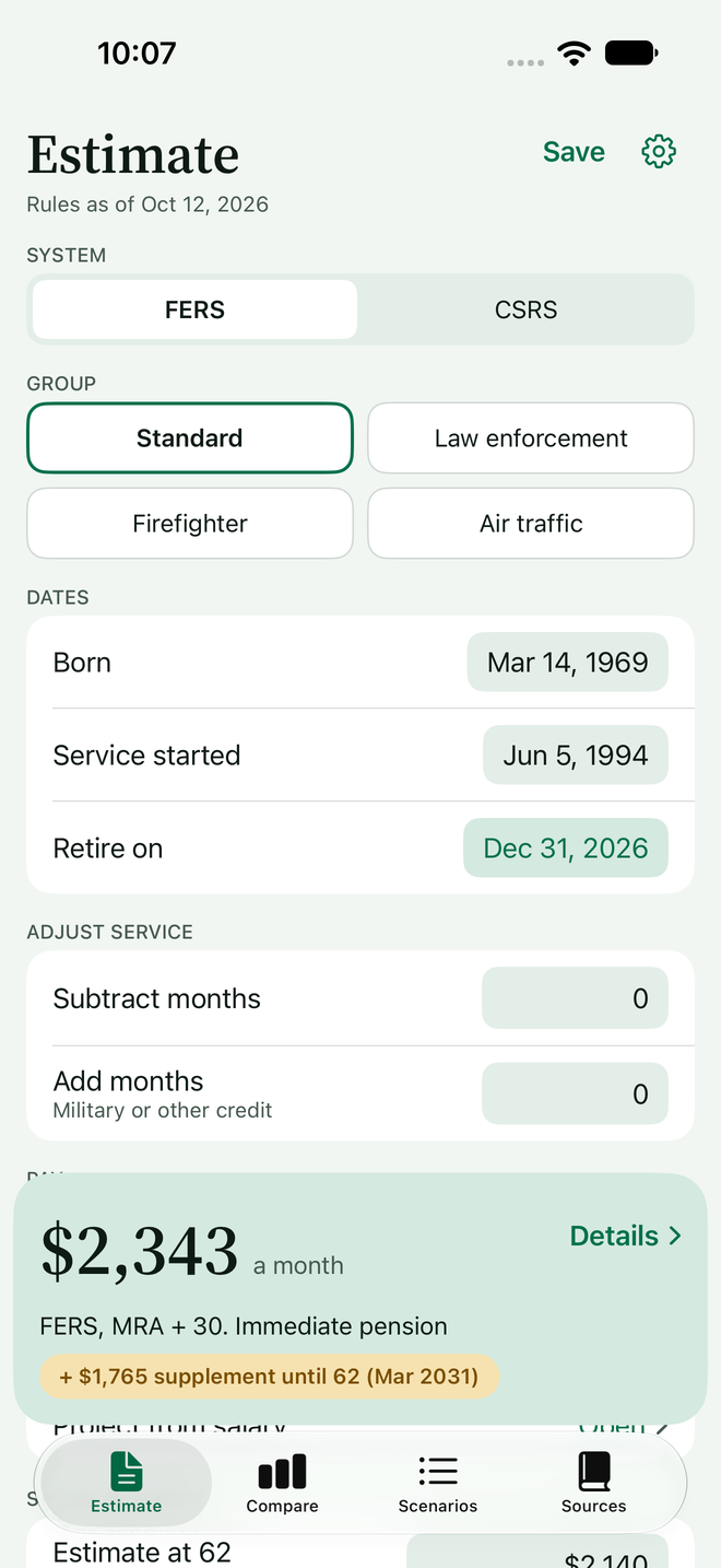 Highthree Estimate screen showing 2,343 dollars a month for FERS with a supplement until 62