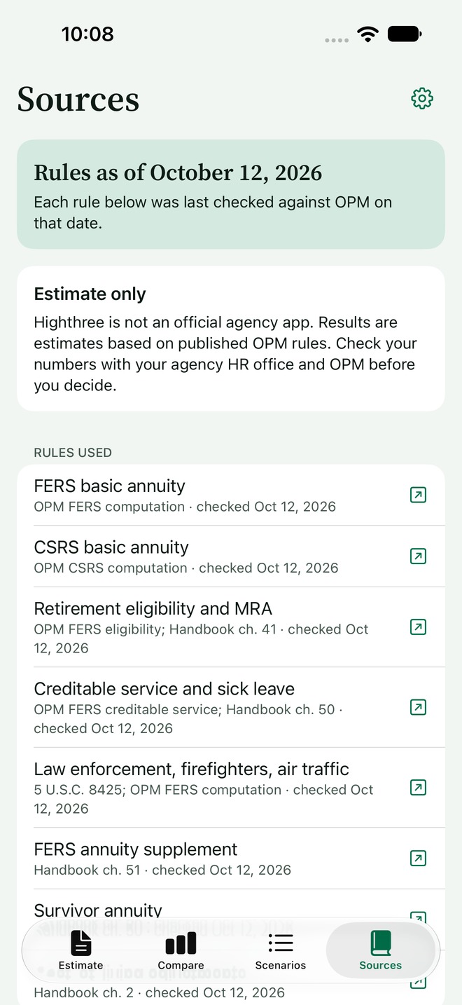 Sources screen with rules as of October 12, 2026 and links to OPM